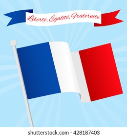 Vector Illustration for National Day of France celebrated on 14 July, Bastille Day. Ribbon with text Liberty, Equality, Fraternity. Poster, flyer template with French flag on a blue sky background