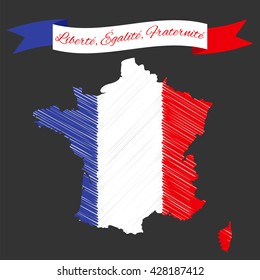 Vector Illustration for National Day of France celebrated on 14 July, Bastille Day. Ribbon with text Liberty, Equality, Fraternity. Map in colors of national flag.