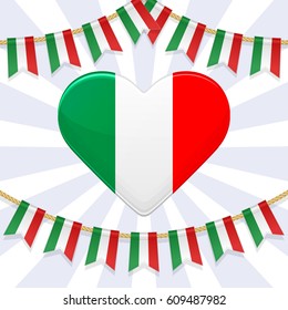 Vector illustration for National Day of Italy. Bunting decoration and heart in colors of italian flag. Garlands, pennants on a rope for party, carnival, festival, celebration. Flyer, poster template