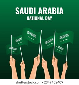 Vector Illustration. National Day of Saudi Arabia. Hands with flags.

