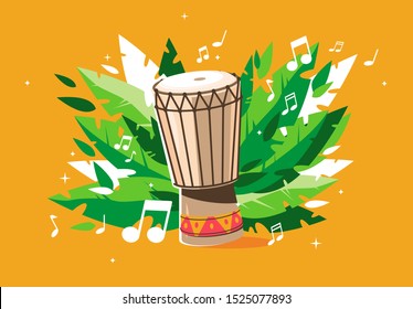 Vector illustration of a national drum with green leaves and musical notes