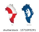 Vector illustration with national flag and coat of arms on map (simplified shape) of Greenland. Volume shadow on the map