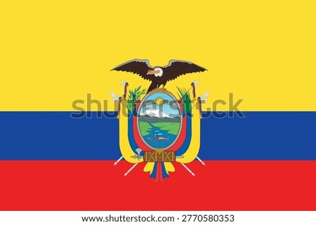 Vector illustration of the national flag of Ecuador featuring three horizontal stripes in yellow, blue, and red, with a detailed national coat of arms centered on the yellow band. The yellow represents the country’s rich resources and fertile land, blue symbolizes the sky and ocean, and red reflects the blood shed for independence. The coat of arms includes a condor, mountains, river, and the Chimborazo volcano, symbolizing strength and geography. Clean, precise design with accurate proportions and vibrant colors, isolated on a transparent or plain background. Ideal for use in educational materials, travel content, international events, cultural and patriotic designs. High-quality scalable vector suitable for print and digital applications, including banners, posters, websites, and presentations.