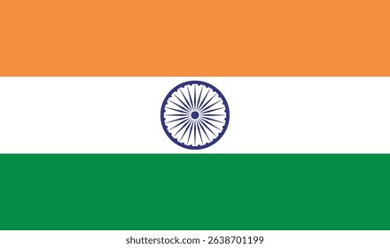 Vector illustration of the national flag of India, a country located in South Asia. The flag features horizontal tricolor bands of saffron, white, and green, with a blue Ashoka Chakra at the center.