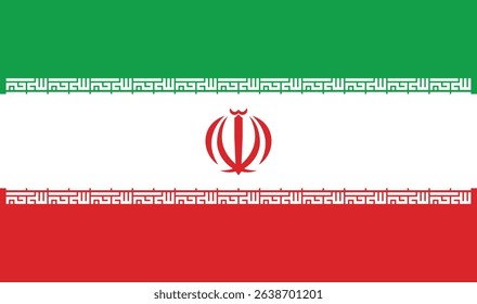 Vector illustration of the national flag of Iran, a country in Western Asia. The flag features three horizontal bands of green, white, and red.