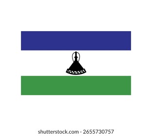 Vector illustration of the national flag of Lesotho, featuring three horizontal stripes in blue, white, and green, with a black Basotho hat (Mokorotlo) in the center. The flag represents peace, rain, 
