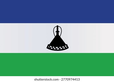 Vector illustration of the national flag of Lesotho featuring three horizontal stripes in blue, white, and green with a black Basotho hat (mokorotlo) centered on the white band. The blue represents rain and sky, white symbolizes peace, and green reflects prosperity and land. The mokorotlo represents national identity and cultural heritage. Clean, precise design with accurate proportions and vibrant colors, isolated on a transparent or plain background. Ideal for use in educational materials, travel content, international events, cultural and patriotic designs. High-quality scalable vector suitable for print and digital applications, including banners, posters, websites, and presentations.