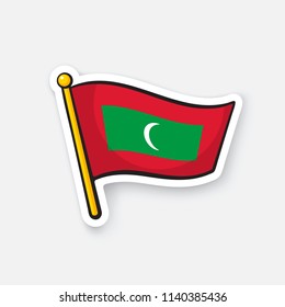 Vector illustration. National flag of Maldives on flagstaff. Location symbol for travelers. Sticker with contour. Decoration for patches, prints for clothes, badges. Isolated on white background