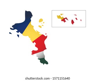 Vector illustration with national flag and map (simplified shape) of Republic of Seychelles. Volume shadow on the map.