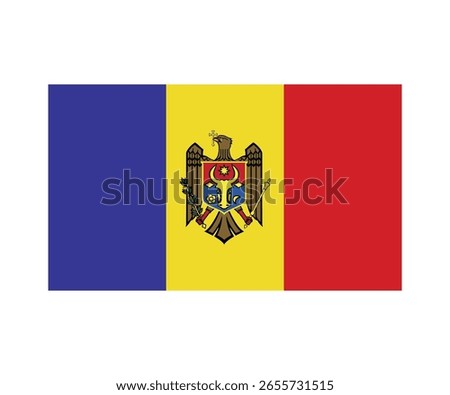 Vector illustration of the national flag of Moldova, featuring three vertical stripes in blue, yellow, and red, with the national coat of arms centered on the yellow band. The emblem depicts an eagle 