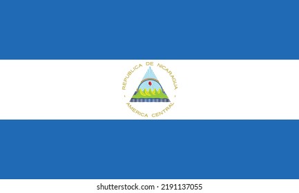 Vector illustration of the national flag of nicaragua of north america. The Nicaragua flag is a horizontally striped blue-white-blue national flag with a central coat of arms. 