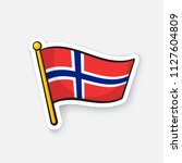 Vector illustration. National flag of Norway on flagstaff. Location symbol for travelers. Sticker with contour. Decoration for patches, prints for clothes, badges. Isolated on white background