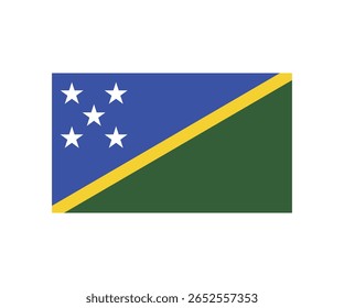 Vector illustration of the national flag of the Solomon Islands. The flag features a diagonal yellow stripe dividing a blue upper triangle with five white stars and a green lower triangle. Isolated on