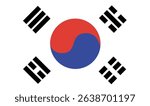 Vector illustration of the national flag of South Korea, a country in East Asia. The flag, known as the “Taegeukgi,” with symbol red and blue Taeguk (yin-yang) and four black trigrams (called gwae).