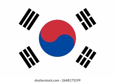 Ilustração vetorial da bandeira nacional da Coreia do Sul, conhecida como Taegeukgi. Possui símbolo yin-yang vermelho-azul com quatro trigramas pretos sobre fundo branco. Cores oficiais normalizadas.