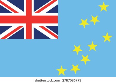 Vector illustration of the national flag of Tuvalu featuring a light blue field with the Union Jack in the upper hoist corner and nine yellow five-pointed stars on the fly side. The Union Jack represents historical ties with the United Kingdom, while the nine stars symbolize the nine islands of Tuvalu. The light blue reflects the Pacific Ocean and the nation’s maritime environment. Clean, precise composition with accurate proportions and vibrant colors, isolated on a transparent or plain background. Ideal for use in educational materials, travel content, cultural themes, and international presentations. High-quality scalable vector suitable for print and digital applications, including banners, posters, websites, and presentations.