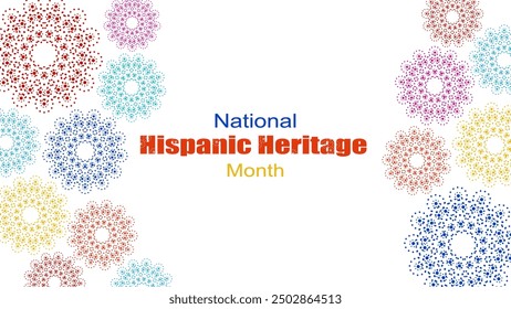 Vector illustration. National Hispanic Heritage Month. Web banner, poster, cover, splash screen, social media, backgraund with text. Perforated geimetric patterns Papel Picado, floral pattern.  