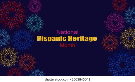 Vektorgrafik. National Hispanic Heritage Month. Webbanner, Poster, Cover, Splash Screen, Social Media, Hintergrund mit Text. Perforierte geimetrische Muster Papel Picado, Blumenmuster.  