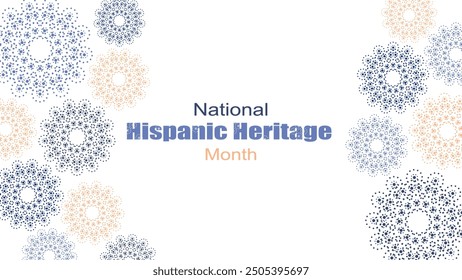 Vektorgrafik. National Hispanic Heritage Month. Webbanner, Poster, Cover, Splash Screen, Social Media, Hintergrund mit Text. Perforierte geimetrische Muster Papel Picado, Blumenmuster. 