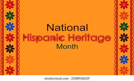 Vektorgrafik. National Hispanic Heritage Month. Webbanner, Poster, Cover, Splash Screen, Social Media, Hintergrund mit Text. Perforierte geimetrische Muster Papel Picado, Blumenmuster.