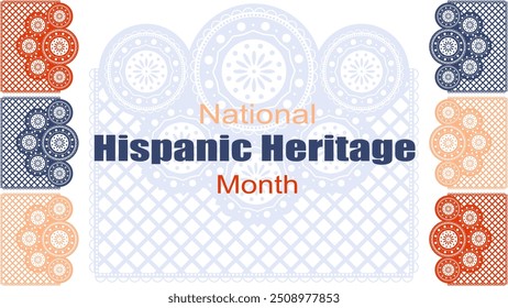 Vektorgrafik. National Hispanic Heritage Month. Webbanner, Poster, Cover, Splash Screen, Social Media, Hintergrund mit Text. Perforierte geimetrische Muster Papel Picado, Blumenmuster.