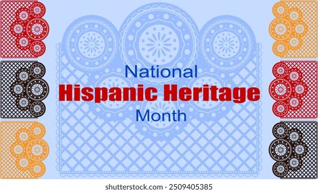 Vektorgrafik. National Hispanic Heritage Month. Webbanner, Poster, Cover, Splash Screen, Social Media, Hintergrund mit Text. Perforierte geimetrische Muster Papel Picado, Blumenmuster.