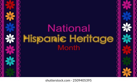 Vektorgrafik. National Hispanic Heritage Month. Webbanner, Poster, Cover, Splash Screen, Social Media, Hintergrund mit Text. Perforierte geimetrische Muster Papel Picado, Blumenmuster.