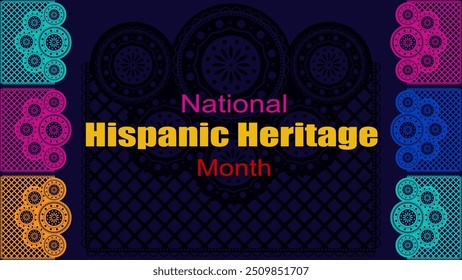 Vektorgrafik. National Hispanic Heritage Month. Webbanner, Poster, Cover, Splash Screen, Social Media, Hintergrund mit Text. Perforierte geimetrische Muster Papel Picado, Blumenmuster.