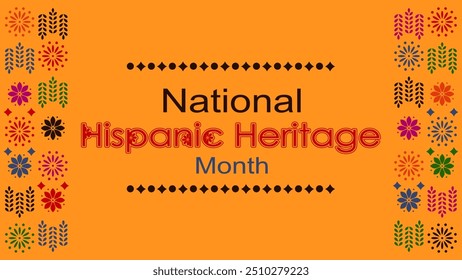 Vektorgrafik. National Hispanic Heritage Month. Webbanner, Poster, Cover, Splash Screen, Social Media, Hintergrund mit Text. Perforierte geimetrische Muster Papel Picado, Blumenmuster.