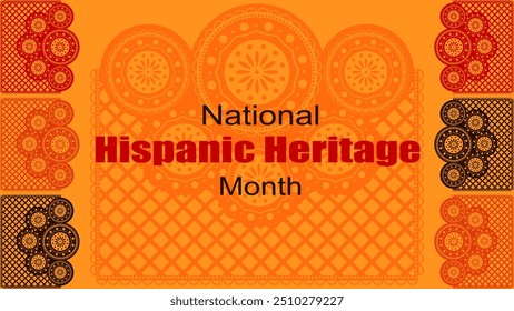 Vector illustration. National Hispanic Heritage Month. Web banner, poster, cover, splash screen, social media, backgraund with text. Perforated geimetric patterns Papel Picado, floral pattern.