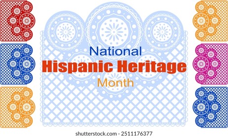 Vektorgrafik. National Hispanic Heritage Month. Webbanner, Poster, Cover, Splash Screen, Social Media, Hintergrund mit Text. Perforierte geimetrische Muster Papel Picado, Blumenmuster.