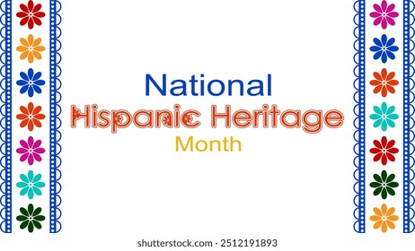 Vektorgrafik. National Hispanic Heritage Month. Webbanner, Poster, Cover, Splash Screen, Social Media, Hintergrund mit Text. Perforierte geimetrische Muster Papel Picado, Blumenmuster.