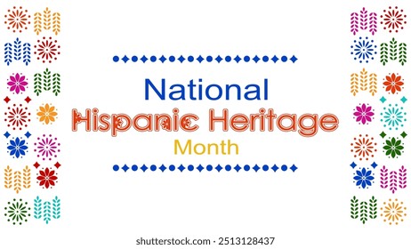 Vector illustration. National Hispanic Heritage Month. Web banner, poster, cover, splash screen, social media, backgraund with text. Perforated geimetric patterns Papel Picado, floral pattern.