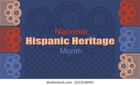 Vektorgrafik. National Hispanic Heritage Month. Webbanner, Poster, Cover, Splash Screen, Social Media, Hintergrund mit Text. Perforierte geimetrische Muster Papel Picado, Blumenmuster.