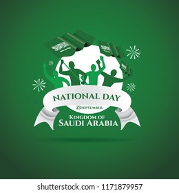 vector illustration. the national holiday of the Kingdom of Saudi Arabia, is celebrated on September 23. Graphic design flags and symbolic green colors. translation Arabic: Kingdom of Saudi Arabia