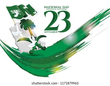 vector illustration. the national holiday of the Kingdom of Saudi Arabia, is celebrated on September 23. Graphic design flags and symbolic green colors. translation Arabic: Kingdom of Saudi Arabia