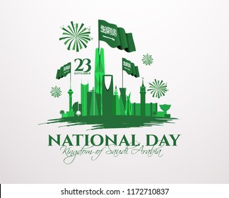 vector illustration. the national holiday of the Kingdom of Saudi Arabia, is celebrated on September 23. Graphic design flags and symbolic green colors. translation Arabic: Kingdom of Saudi Arabia