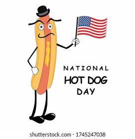 Vector illustration of National hot dog day. Serious and strict cartoon hot dog Patriot with an American flag in a bowler hat and tie. Words " National Hot Dog Day"