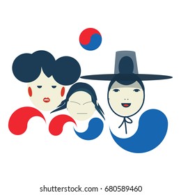 Vector illustration for The National Liberation Day of Korea or Gwangbokjeol. Korean family: father with a traditional Gat hat, mother and child. Great also for Gaecheonjeol or National Foundation Day