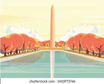 Vector illustration of National mall USA Washington DC monument in Autumn,Vector of late summer or autumn landscape of USA famous landmark.Image with noise and grainy texture.