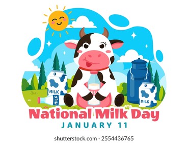 Vector Illustration of National Milk Day Celebration on January 11th, featuring a Milk Bottle and Cute Cow in a Flat Style Cartoon Background