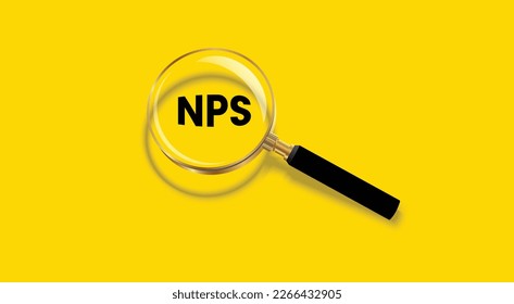 Ilustración vectorial del Sistema Nacional de Pensiones, Banner de acrónimo de NPS Net Promoter Score con lupa en fondo amarillo.