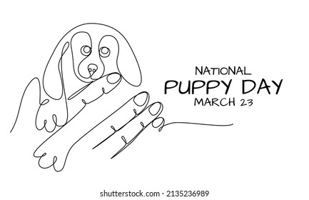 vector illustration, national puppy day, sketch of hand holding a puppy, continuous single line, as banner, poster or template.