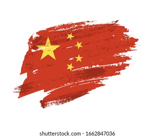 Vector Illustration national red flag of People's Republic of China. Brush painted grunge flag with stars of East Asian country isolated on white. Design element in grunge texture style