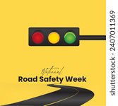 Vector illustration National Road Safety Week. Traffic Light Pole. Safety driving concept. Safety first word on yellow road sign