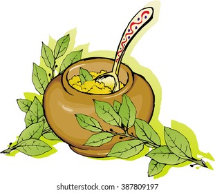 Vector illustration of the national Russian meal porridge cooked in a ceramic pot and laurel branches nearby.