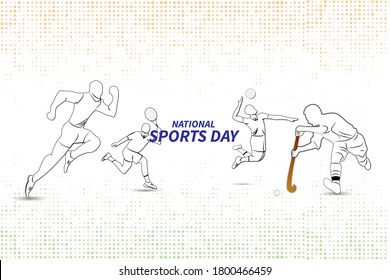 vector illustration of National sports day. hockey,basket ball, tennis, race etc. players. fitness. national sports.