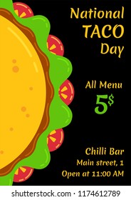 Vector illustration for national taco day celebration on October 4th. Traditional mexican fast food, flat taco with salad, tomato and beef or chicken meat on black background for restaurant party