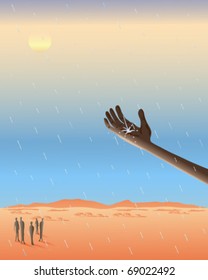 vector illustration of a native africans outstretched hand catching raindrops as they fall on the arid desert in eps 10 format