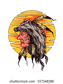 Vector illustration of native america chieftain wearing fox hat